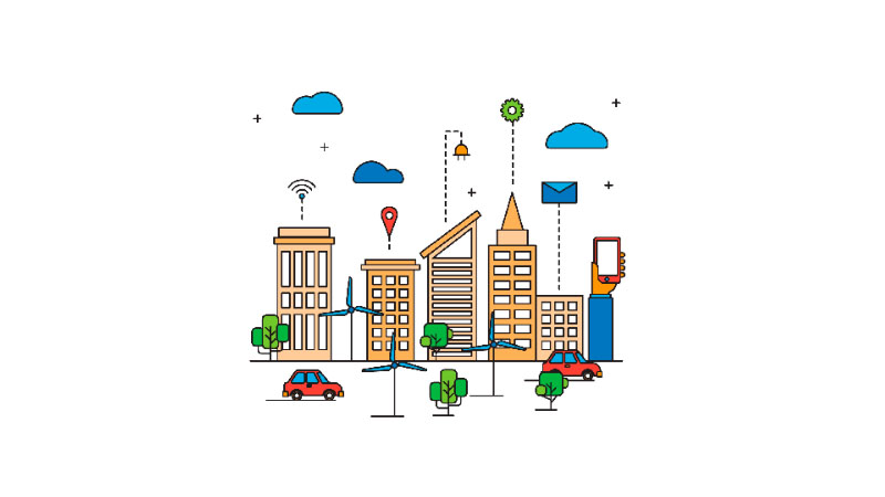 representación gráfica de una ciudad con tecnlogía sustentable
