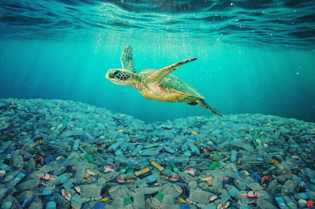 Tortuga nadando en el fondo del océano con botellas de plástico